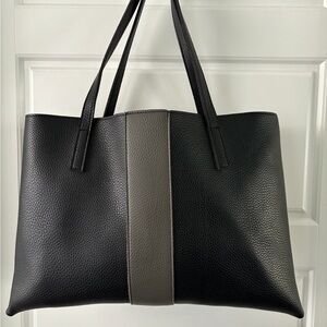 Vince Camuto Vegan Leather Black W Gray Stripe Slim Tote Shoulder Bag NWOT
